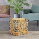 Albany Living Jacquard Modern Ethnic Square Polyester Chenille Pouf Ottoman/Footstool, Seat for Living Room, Bedroom and More, Gold