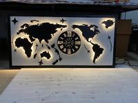 Metsyworld Map With Analog Clock Wall Hanging Metal Art Black And White For Office Restaurant World Map Metal Wall Decor Art 3D Home Office Bedroom Living Room Outdoor (Black & White 5X2.5)