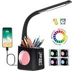 wanjiaone LED Desk Lamp with Clock,Color Changing Nightlight,Study Lamp with Pen Holder,Desk Light with USB Charger,Table Light for Home,Office,Gift for Kids,Students,Women,3 Brightness Levels,Black