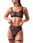 ROSVAJFY Sexy Sheer Mesh Lingerie Sets with Thigh Leg Rings for Woman Naughty, Ladies Minimalist Hot See Through Teddy Babydoll Underwear Set, Soft Wireless Bra and Panties (Black(Dots), L)