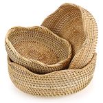 Sumnacon Set of 3 Round Rattan Woven Fruit Basket Bread Serving Baskets Snack Storage Bowls Table Desktop Countertop Decorative Display Storage Baskets (Wavy Edge)