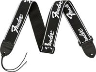Fender Running Logo Guitar Strap, Adjustable 30 to 51 Inches, Reinforced Leather Ends, Comfortable 5cm Wide Polyester, Classic Black with White Stitching