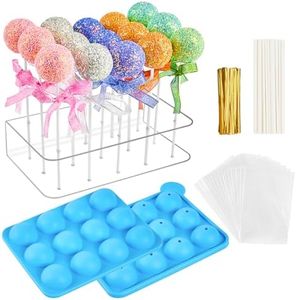 Cake Pop Maker Set, 12 Cavity Silicone Cake Pop Mold with15 Hole Clear Acrylic Lollipop Display Stand Holder, Sticks Treats Bags and Twist Ties for Wedding Birthday Party