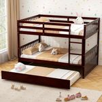 KOMFOTT Wood Bunk Bed with Trundle Full Over Full, Bunk Bed Frame with Ladder, Solid Wood Frame & Safety Guardrails, Space-Saving Bunk Bed for Teens & Adults, No Box Spring Needed (Espresso)