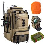 Goture Fishing Backpack 40L Tackle Rucksack Insulated Fishing Bag with Cooler, 900D Oxford Fabric with Rod Holder, Organised Storage Compartments, Rain Cover, Includes 2 Tackle Boxes A Khaki