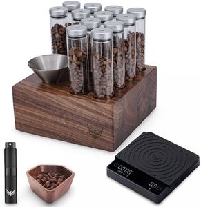 KNODOS Coffee Station Set – 12 Single Dose Glass Tubes with Exhaust Valve, Walnut Dosing Cup & Spray Bottle, Digital Espresso Scale with Auto Tare & Flow