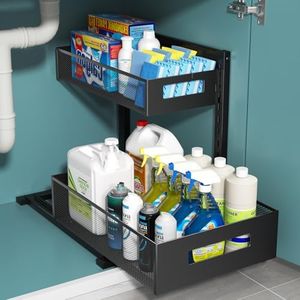 TISTAYA 2-Tier Metal Under Sink Organizer, Pull Out Smoothly Under Kitchen Sink Organizer with Track, Large Capacity Heavy Load Under Sink Storage for Kitchen and Bathroom
