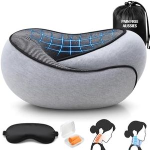 PAIN FREE AUSSIES Travel Pillow, 100% Pure Memory Foam Ergonomic Neck Support for Long Flights, 360° Travel Neck Pillow for Airplane, Car & Train, Comfortable Grey Flight Pillow for Plane Travel