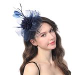 Ladiery Women Fascinators Hat for Wedding Tea Party Mesh Flower Feather Beads Kentucky Derby Hats with Headband and Clip for Girls Navy Blue