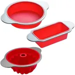 Boxiki Kitchen Silicone Baking Pans Set. 3 PCS Professional Silicone Non-Stick Baking Cake Pans Set Includes Silicone Round Cake Pan, Silicone Pound Cake Pan and Bread Loaf Pan.