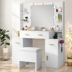 DWVO Vanity Set with Mirror and Adjustable LED Lights, Makeup Desk with Charging Station, Shelves, Drawers, and Comfortable Stool for Dressing Room, Salon, Bedroom (Snow White)