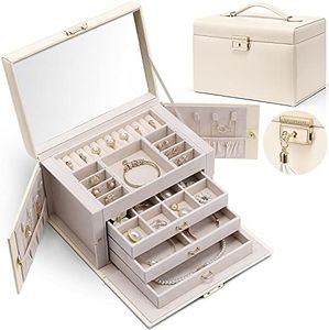 Vlando Baroches - Joyero de piel para mujer, caja de joyería grande de 4 niveles, caja de joyería con cerradura para mujer, almacenamiento de joyas con cajones para pulseras, anillos, cadenas