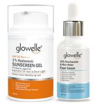 Glowelle 10% Niacinamide & Rice Water Face Serum for Glowing Skin, Brighter Skin, 30ml & 1% Hyaluronic Sunscreen Gel With SPF 50 PA++++ for Broad Spectrum, UVA UVB & Blue Light Protection, 50ml