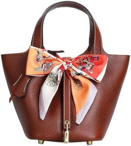 Lafillmiss Leather Handbag (Scarf Detaches) Genuine Leather Bucket Bag for Women,Market Tote Bags with Metal Clasp(Fubao Brown-gold)