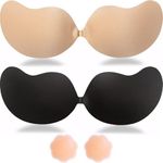 KIETLA Sticky Bra Strapless Adhesive Invisible Push Up Lift Bras for Women Backless Dress 2 Pair Reusable with Nipple Covers Black and Beige