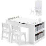 GYMAX 2 in 1 Kids Table and Chairs Set, Wooden Children Art Table with 2 Chairs, 6 Storage Boxes, Paper Roller, 4/6 Paint Cups&Shelves, Toddler Activity Table Set for Drawing Writing (White)