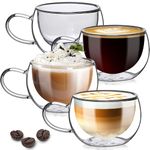 TKNO Double Walled Glass Coffee Mug Cups, Set of 4 Hollow Vacuum Sealed Insulated Cappuccino Latte Macchiato Glasses, Hand Made, Heat Resistant, Microwave Safe Drinking Glasses, 270ml Cup