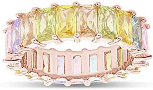 AFFY Eternity Rainbow Ring 18K Rose Gold Plated Emerald-Cut Multi Color AAA Created-Gemstone Rainbow Ring, Stackable Ring, Wedding Band for Women Gift For Her (Ring 1, Size 6)