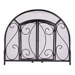 UniFlame Single Panel Black Wrought Iron Ornate Screen with Doors