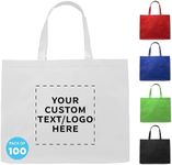 DISCOUNT PROMOS Custom Jumbo Sized Tote Bags Set of 100, Personalized Bulk Pack - Reusable Grocery Bags, Shopping Bags, Promotional Item Totes for Women - White