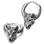 Mens Stainless Steel Circle Wheat Chain Huggie Hinged Hoop Earrings with Wolf Head 2 pcs(CA)