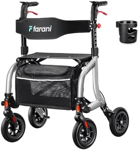 Farani All Terrain Rollator Walkers for Seniors, Lightweight Foldable Rolling Walker with Seat, Sturdy Integrated Molding Frame, Height-Adjustable Handles & Backbrest, 8" Rubber Wheels, Silver