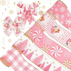 AnyDesign 30 Yards Christmas Wired Edge Ribbon 2.5 Inch Pink White Checkered Snowman Snowflake Craft Ribbon Gold Glitter Wired Fabric Ribbon for Wrapping DIY Bow Wreath Crafts Making, 5 Rolls