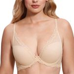 DOBREVA Women's Plunge Bra T Shirt Unlined Mesh Underwire Full Coverage Comfort Lace Support Bra Beige 34C