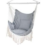 Hanging Chair, Hanging Rope Swing Seat with 2 Cushions,Macrame Hanging Chair Side Pocket With High Load-Bearing Metal Rod,for Indoor, Outdoor, Extra Comfortable Grey