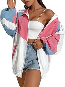 SweatyRocks Women's Lightweight Windbreaker Patchwork Zipper Sport Jacket Coat Outerwear Pink Blue White S