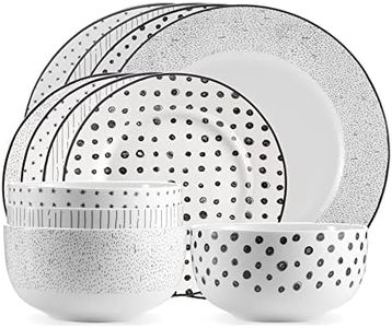 Safdie & Co. 12-Piece Black & White Sketch Dinnerware Set, Porcelain, Includes Plates, Bowls, and Serving Dishes, Dishwasher Safe