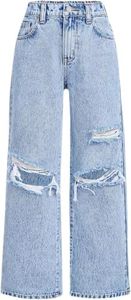 Yvmoruby Girls Jeans Baggy Wide Leg Ripped Cute Denim Pants Y2K Grunge Distressed Streetwear for Teen Girls 9-10