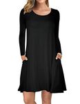 WNEEDU Womens Long Sleeve Dresses Casual T Shirt Swing Dress with Pockets 2024 New, Black M