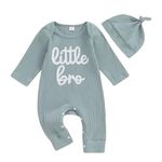 Newborn Baby Boy 2Pcs Outfit Clothes Long Sleeve Bodysuit Little Bro Letter Print Romper Waffle Knit Jumpsuit Hat Fall Winter Clothes (Blue, 6-12 Months)