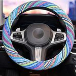 Universal 15inch Ethnic Style Baja Blanket Steering Wheel Cover with Coarse Flax Cloth and Sweat Absorption Anti Slip Car Wrap (Boho Blue)