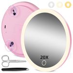 20X Magnifying Mirror with Lights, 6'' Magnifying Mirror with 3 Color Lighted Travel Magnified Mirror with Suction Cups, 20X Makeup Magnification Mirror, Large 20X High Magnifying Mirror and Tweezers