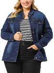 Allegra K Women's Plus Size Button Down Washed Denim Jacket with Chest Flap Pocket Dark Blue 2X