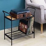 Indian Decor 25007 Classic 2 Tier Black Metal Record Player Turntable Stand with Vinyl Storage, Vintage Brown Wood Top Display Shelf and 14 Slots for Record Album Sleeve Holder