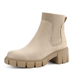 JABASIC Womens Slip-on Chelsea Booties Elastic Chunky Ankle Boots (5,Sand)