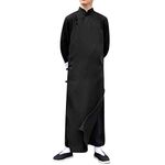 Men's Cotton Linen Kung Fu Suit Chinese Martial Arts Uniform Meditation Suit Roll-Up Sleeve Frog Button Shirt Pants Outfit, Only Robe-black, Large