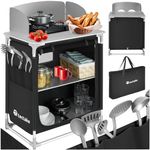 TecTake® Portable Camping Kitchen - 2 Shelves, 3 External Pockets, Heat-Resistant Worktop, & Zipped Door - Cupboard & Outdoor Storage Cabinet - Compact, Lightweight & Includes Carry Bag - Black