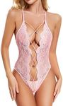 ADSEXY Lingerie for Women Sexy Naughty Lace Floral Teddy Bodysuits One Piece V Neck Mini Babydoll Plus Size, Light Pink, X-Large