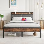 BOFENG Full Bed Frame with Upholstered Storage Headboard,Metal Platform Double Bed Frame Full Size with Charging Station,No Box Spring Needed,Strong Steel Slats Support,Brown