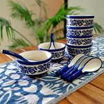 BACKKSPACE Retail Ceramic Soup Bowls Set of 6 with Matching Spoons | Blue Elegant Bowls for Serving | Ideal for Home and Restaurant-300ml Each