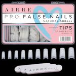 500 AIRRE Pro Acrylic Nail Tips & 3 Files with Box - (10 Sizes) French Square Half Cover False Nails. For Salons MUA & Home DIY. Use: Cut, File & Shape, UV/LED Gel, Polish & Nail Art (Colour: Natural)