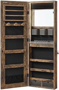 SONGMICS Mirror Jewelry Cabinet Armoire Organizer, Wall or Door Mount Storage Cabinet with Full-Length Lighted Mirror, Built-in Makeup Mirror, 2 Drawers, Chirstmas Gifts, Rustic Brown UJJC013X01
