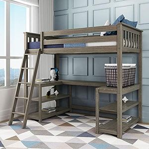 Max & Lily High Loft Bed, Twin Bed Frame For Kids With Wraparound Desk and Shelves, Clay