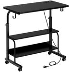 DlandHome Mobile Side Table 31.4 inches on Wheels Adjustable Movable for Bed Sofa Charging Station and 2-Tier Storage Shelf, Portable Laptop Computer Stand with Outlets, USB Ports and Hooks,Black