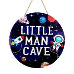 Little Man Cave Sign, Wooden Circle Door Sign Nursery Wall Decor Wooden Sign Space Decor Toddler Room Hanging Decor Baby Boy Nursery Decor for Kids Boy Bedroom Living Room Decorations