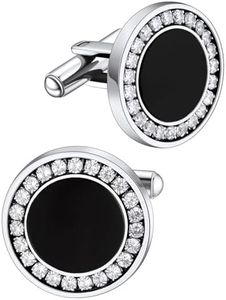 Mens Tuxedo Cufflinks and Studs Set with Black Onyx and White Cubic Zirconia - Polished Stainless Steel Cuff Links for Wedding Groomsmen Jewelry